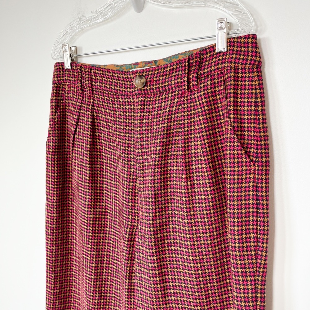 Sundance Mayra Houndstooth Plaid Wide Leg Trouser Pant Pink Linen Blend Women 10